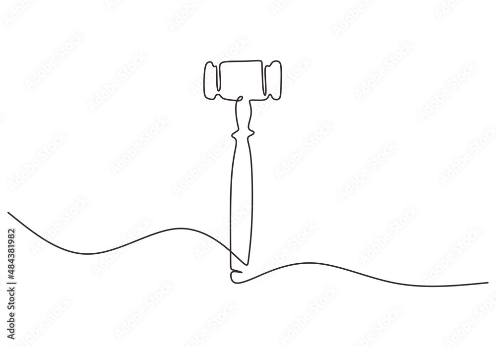 One continuous single line of judge hammer for justice isolated on white background. One continuous single line of judge hammer for justice isolated on white background.