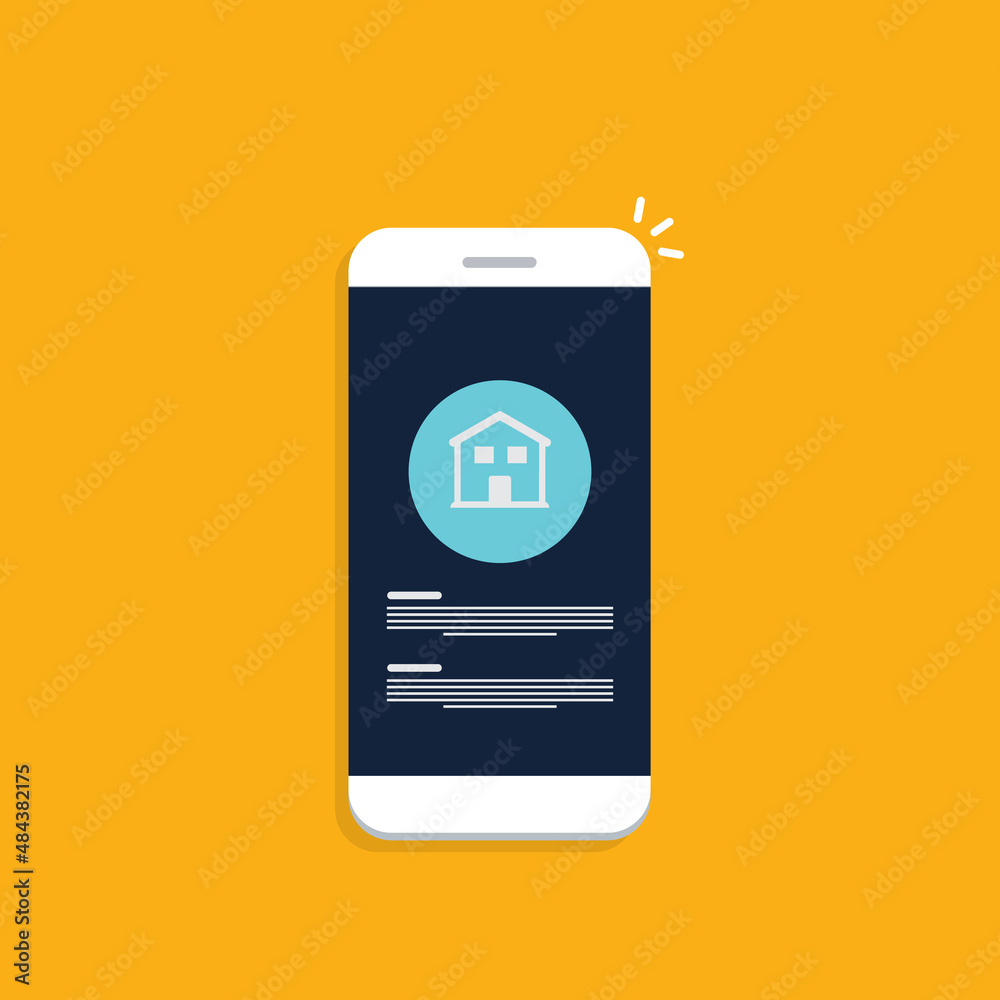 Home, house info notification on mobile phone. Digital app on smartphone device, rent or sell application or smart house notice. Home, house info notification on mobile phone. Digital app on smartphone device, rent or sell application or smart house notice.