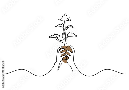 One continuous single line of hand holding plant isolated on white background.