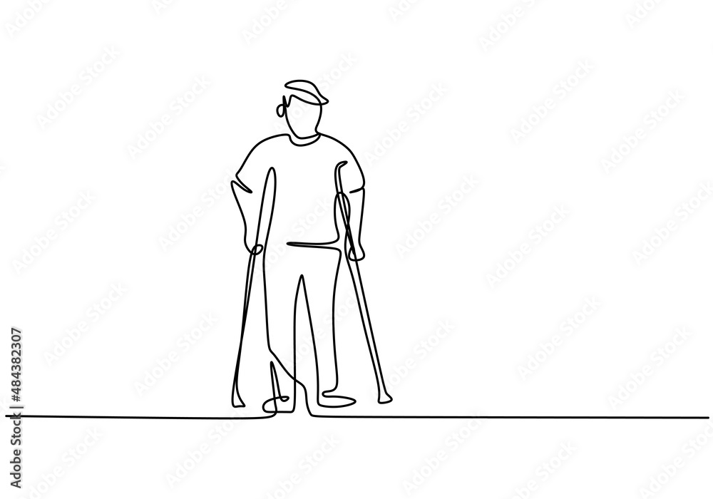 Fototapeta premium One continuous single line of disabled man with walker isolated on white background.