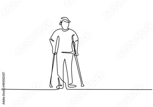 One continuous single line of disabled man with walker isolated on white background.