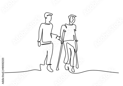 One continuous single line of disabled man with nurse isolated on white background.