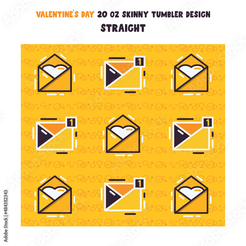 Vector illustration of tumbler wrap design with envelopes in yellow style. Stock vector pattern. 20 oz skinny tumbler design. Vector