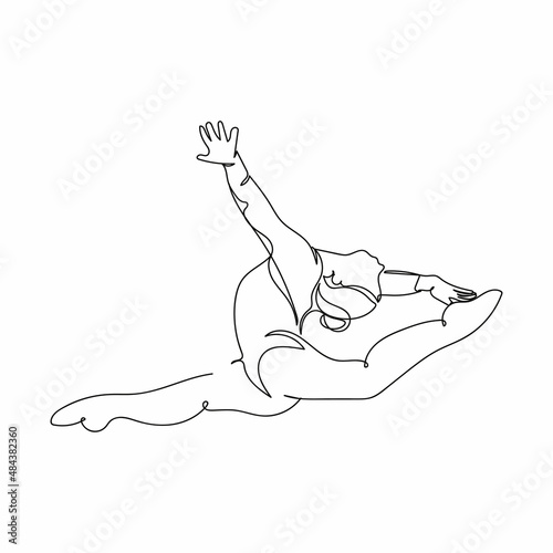 Continuous one simple single abstract line drawing of olympic woman gymnast icon in silhouette on a white background. Linear stylized.
