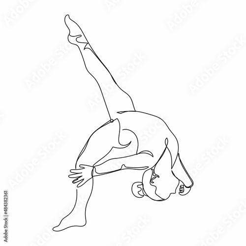 Continuous one simple single abstract line drawing of olympic woman gymnast icon in silhouette on a white background. Linear stylized.