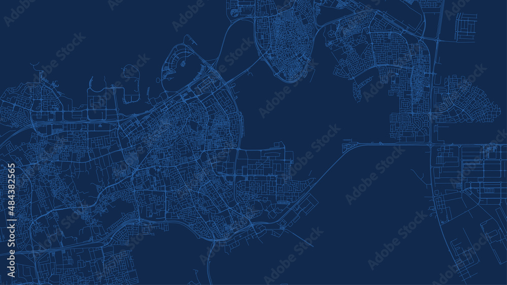 Manama map city poster province, blue horizontal background vector map. Municipality area road map. Widescreen skyline panorama.