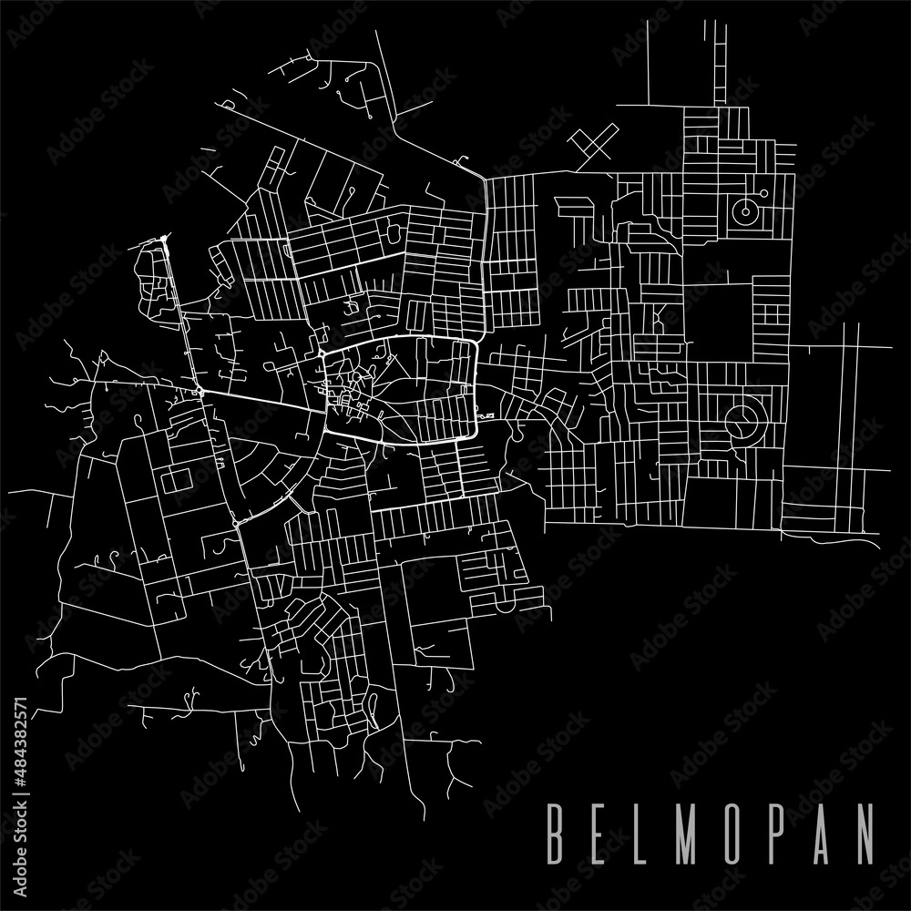 Belmopan city province vector map poster. Capital of Belize municipality square linear road map, administrative municipal area.