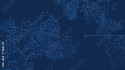 Manama map city poster province, blue horizontal background vector map. Municipality area road map. Widescreen skyline panorama.
