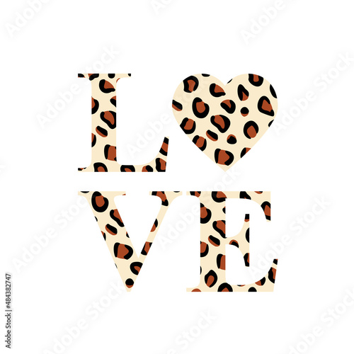 simple leopard love with heart. Vector illustration. Heart with leopard print. wild animal skin background. Valentines Heart. Trendy animal print. realistic skin into a heart.