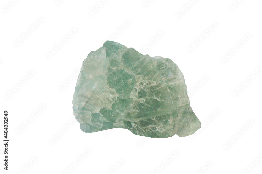 Macro shooting of raw green flourite stone isolated on white background. raw gem stone. There is noise and grain caused by the texture of stone Macro shooting of raw green flourite stone isolated on white background. raw gem stone. There is noise and grain caused by the texture of stone