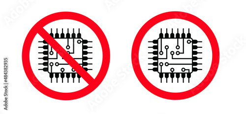 stop CPU con pictogram. Central Processing Unit. No ban vector symbol. Circuit board or electronic motherboard. lines and dots connect. digital tech. cpu, pcb printed circuit.