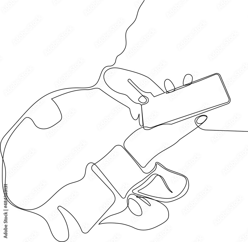 Continuous one line drawing of close-up female hands holding smartphone young woman paying online using banking. Vector illustration