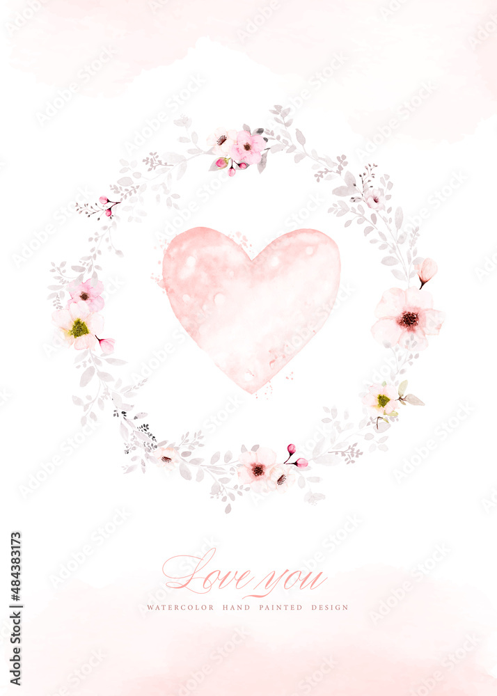 Watercolor heart-shaped in a wreath of pink flowers and leaves