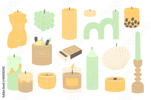 Set of various scented candles different colors and shapes. Elements for home interior or aromatherapy. Hand drawn vector illustration isolated on white background. Modern trendy flat cartoon style.