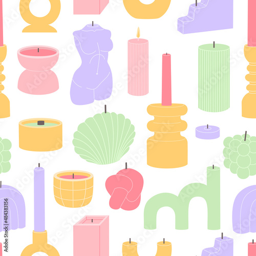 Seamless pattern with scented candles for home decoration or aromatherapy. Colorful elements different shapes with natural wax and essential oils. Hand drawn vector illustration in flat cartoon style.