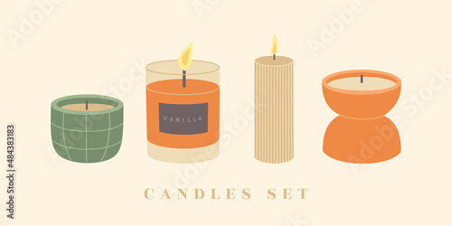 Set of scented candles, different shapes and orange, green colors. Decorative design elements. Hand drawn vector illustration isolated on light background in modern trendy flat cartoon style.