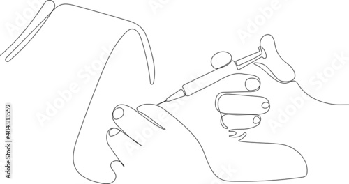 Continuous one line drawing of Medicine doctor and vaccine dose flu shot drug syringe in laboratory, microbiology and pharmaceutical research, medical and healthcare.