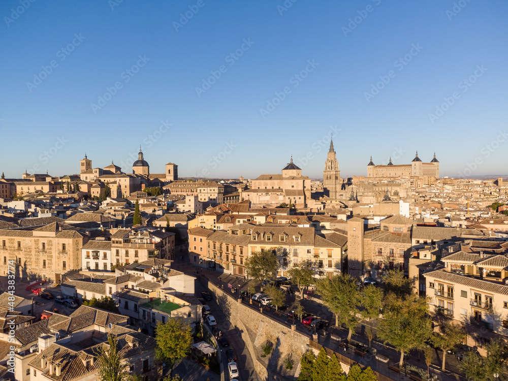 Aerial view of the Toledo medieval old town with the Cathedral and Alcazar in Spain on a sunny day