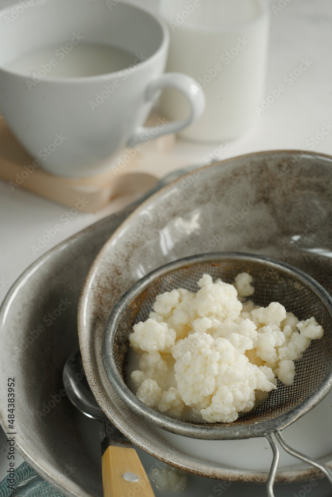 Milk kefir grains in a strainer with a bottle and a cup of kefir on white table. Milk kefir grains in a strainer with a bottle and a cup of kefir on white table.