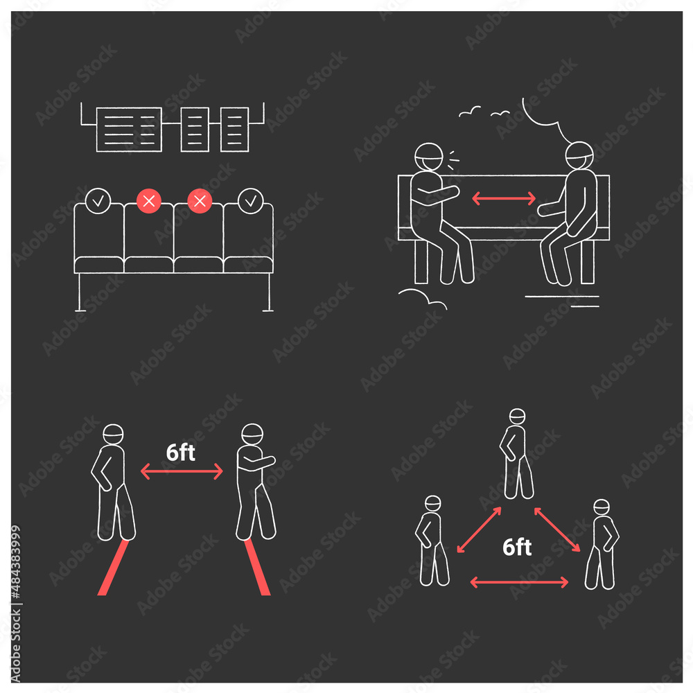 Social distance chalk icons set. Corona virus pandemic safety recommendations. Keep distance at park, public places. Keeping 6 ft apart.Isolated vector illustrations on chalkboard