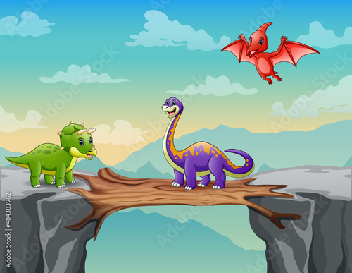 Cartoon illustration of dinosaurs on a cliff