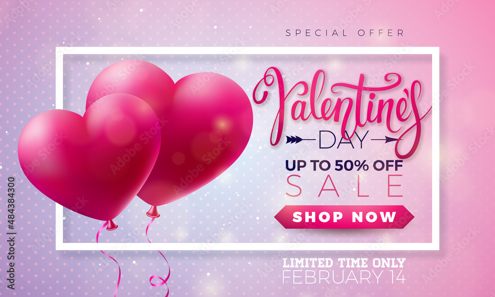 Valentines Day Sale Design with Red Heart Balloon on Shiny Light Pink Background. Vector Special Offer Illustration for Coupon, Banner, Voucher or Promotional Poster.