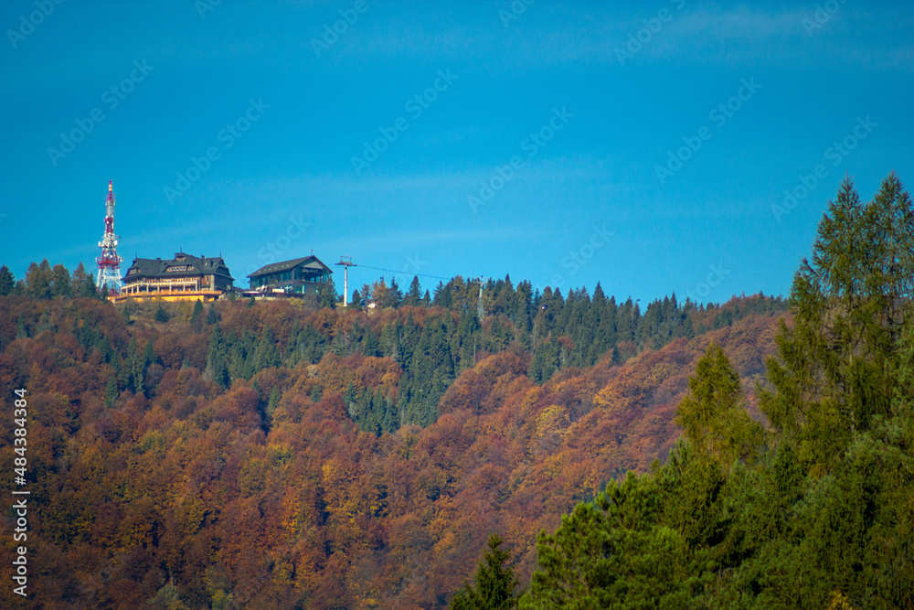 Inn building and Top station of Gondola Lift on Jaworzyna Krynicka Mountain in autumn, Poland.