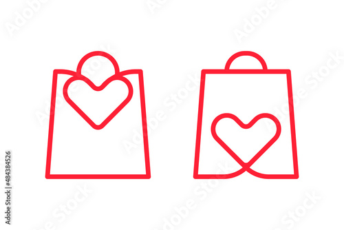 Gift bags in shop with hearts, love sale or medical thanks. Package design. Shopping in store. Vector line