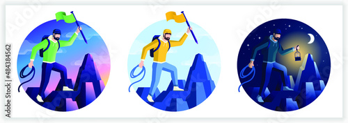 Vector illustration of a mountain climber reaching the top