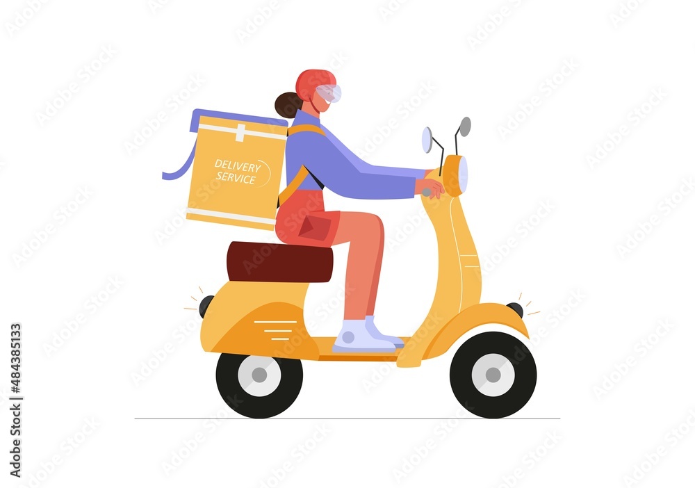 Girl riding scooter in a city. Woman in helmet riding vintage motorbike and delivering food. Vector illustration in flat style.