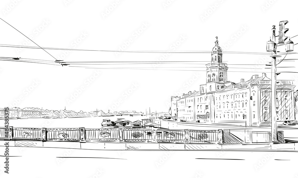 Russia. Saint Petersburg. Vasilevsky island  hand drawn sketch. City vector illustration