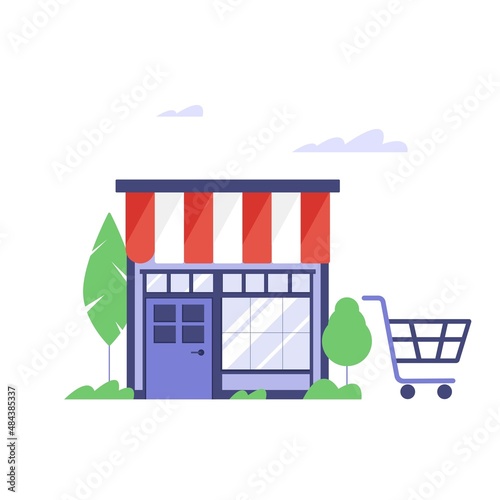 Supermarket storefront. Local grocery store icon with basket symbol. Vector icon and illustration on white background