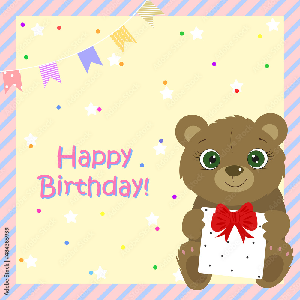 Birthday card. Cute bear holding prezent with bow. I love you. Kids card. Pastel colors. Vector illustration Birthday card. Cute bear holding prezent with bow. I love you. Kids card. Pastel colors. Vector illustration