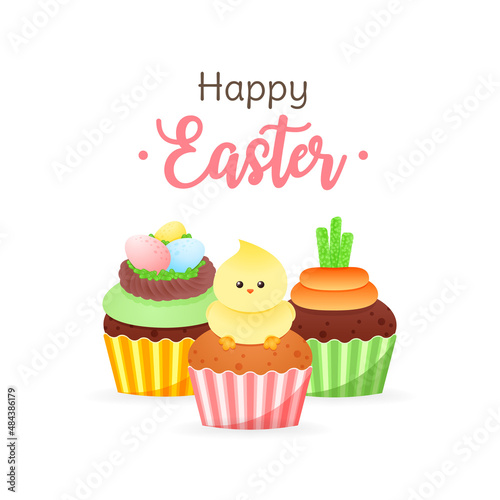Cute Happy Easter greeting card. Bright cartoon illustration of cupcakes decorated with eggs in the nest  little bird and carrot. Vector 10 EPS.