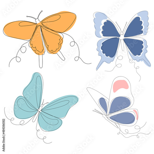 butterflies one line drawing, outline, vector, isolated