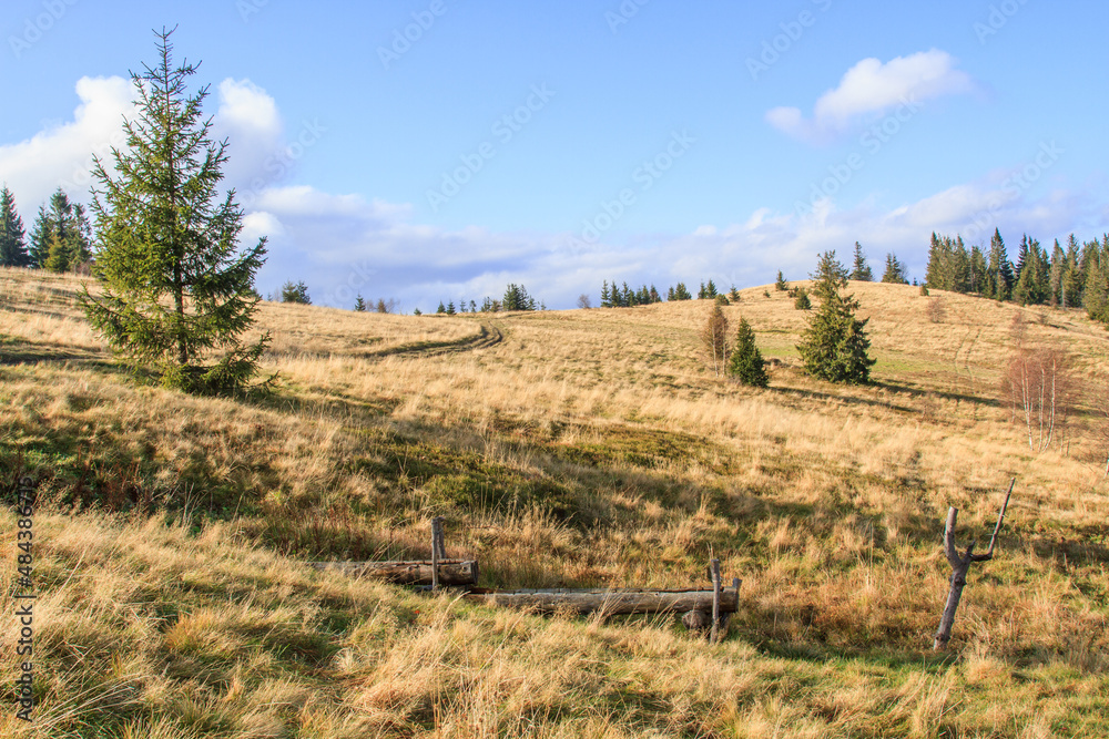 Autumn mountain landscape.  Beautiful panorama taken in  Beskidy mountains on the way to Jalowiec during on a beautiful sunny fall day. Beskidy Mountains, Silesia, Poland  
