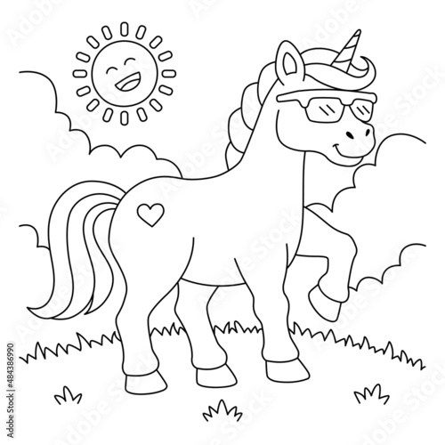Unicorn Wearing Sunglasses Coloring Page for Kids 