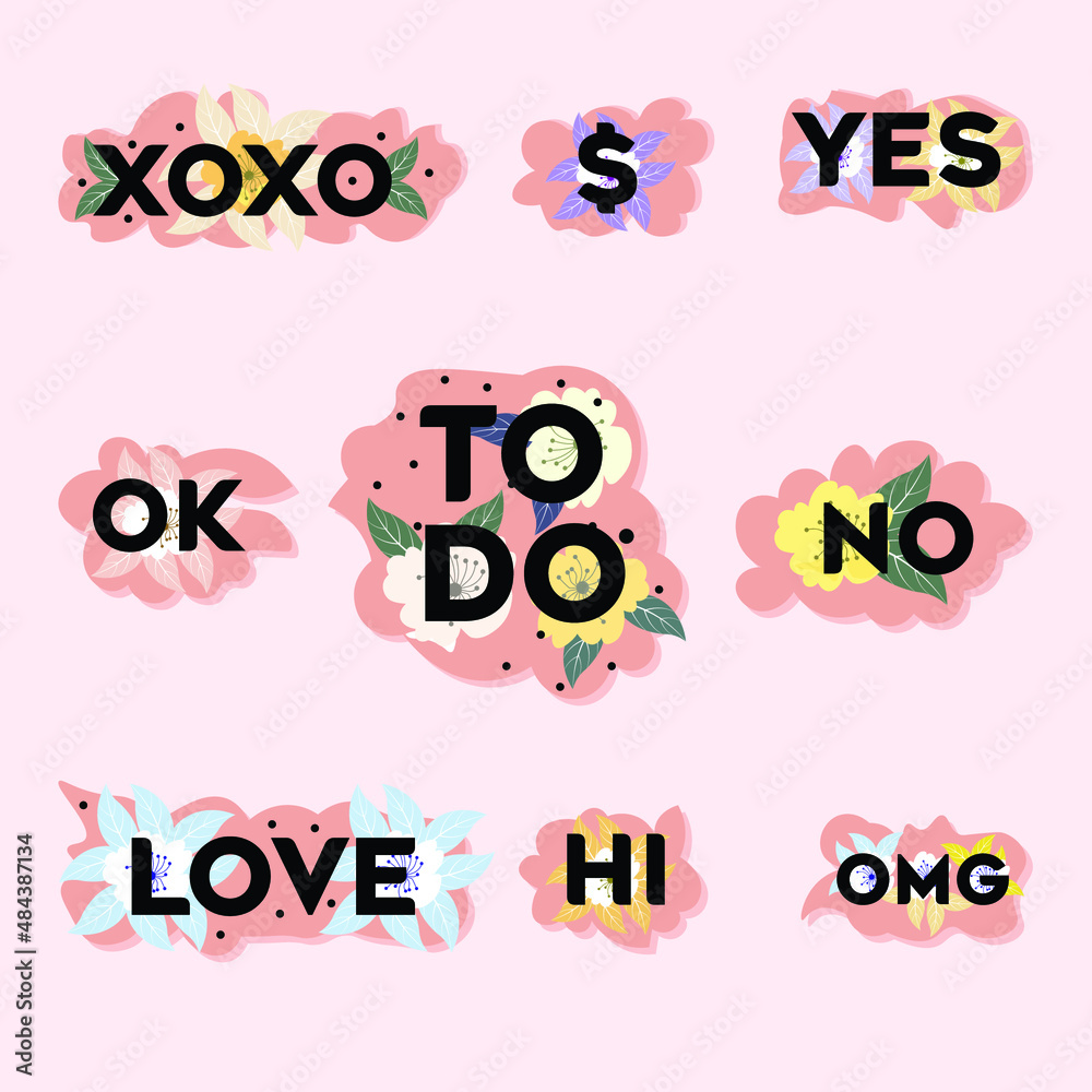 Obraz premium Set of stickers with inspirational lettering and flower collection of hand-drawn designs 
