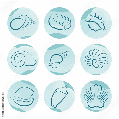 blue seashells sea story highlights cover icons. Set highlights for social networks circles design. Round highlight backgrounds for social media stories. Soft brush stroke. © Maksym