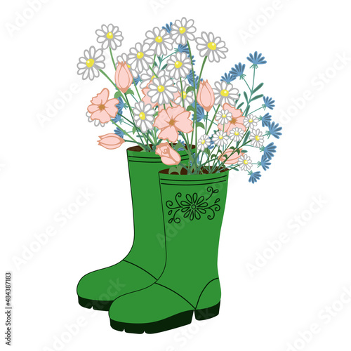A nice bouquet of flowers in beautiful green rubber boots. Spring flowers isolated on a white background. Illustration of a flat-style vector.