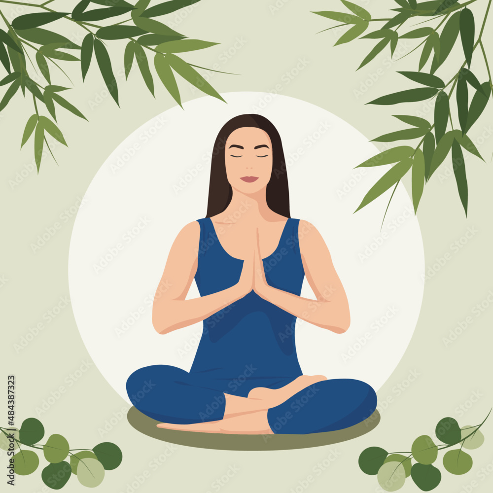 woman meditates in lotus pose. Concept illustration for  meditation, yoga, relax, recreation, healthy lifestyle. Vector illustration in faceless style.