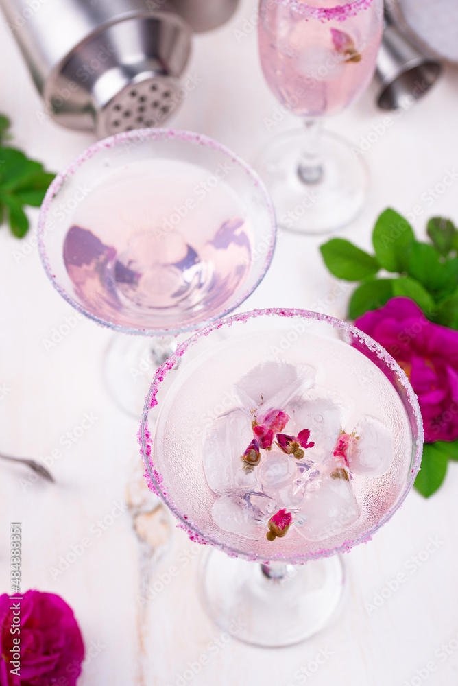 Assortment of pink cocktails with rose syrup. Assortment of pink cocktails with rose syrup.