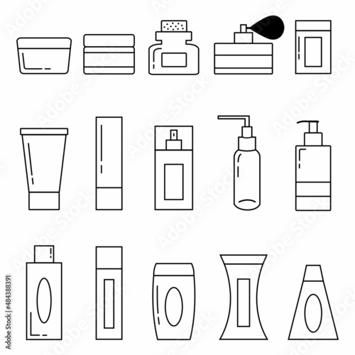 Beauty shop thin line icons set: skin care, cream, gel, organic cosmetics, soap dispenser, hair care, face oil, shampoo. Modern vector illustration. Cosmetic packages set with bottles tubes