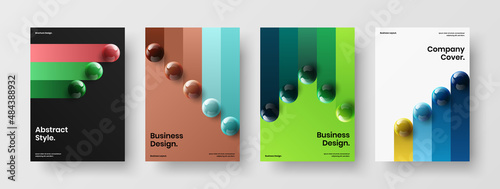 Original presentation A4 design vector concept collection. Clean realistic spheres annual report illustration set.