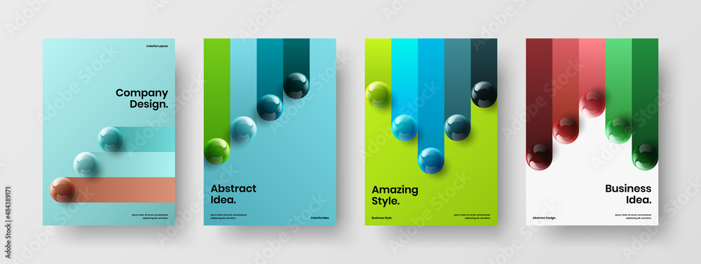 Original 3D spheres brochure template set. Multicolored cover A4 design vector concept collection.