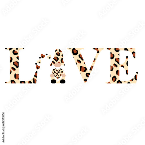 simple leopard love with heart. Vector illustration with gnome. Heart with leopard print. wild animal skin background. Valentines Heart. Trendy animal print. realistic skin into a heart.