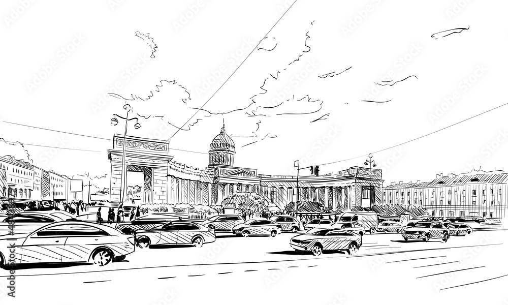Russia. Saint Petersburg. Kazan Cathedral hand drawn sketch. City vector illustration