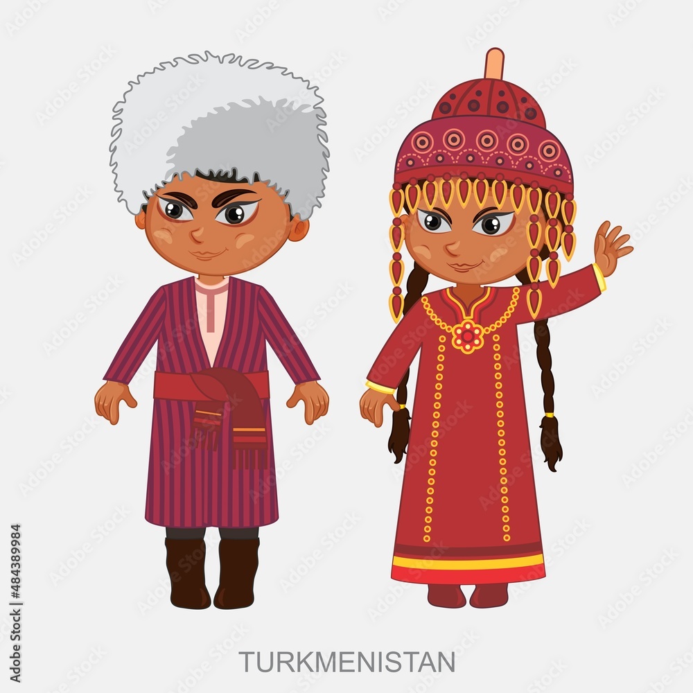 Vector illustration of a man and a woman in Uzbek national costume on a white background, set of elements, ornament