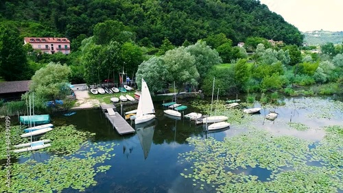 Aerial shot of lake of Fimon with boats. Arcugnano, Vicenza, Vento, Italy photo