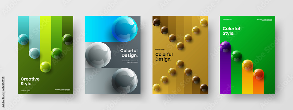 Colorful realistic spheres corporate brochure concept collection. Creative banner A4 vector design layout set.